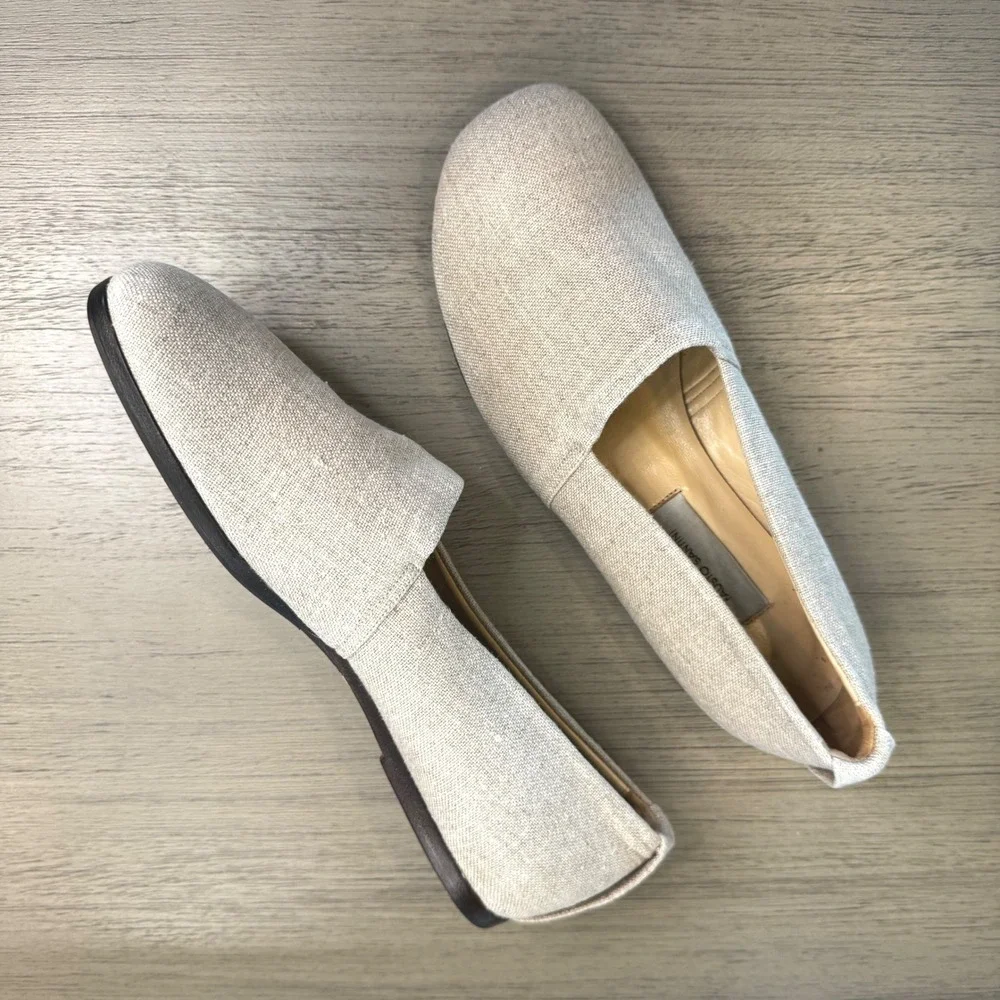 Fausto Santini Women 7-7.5 EU 37.5 Beige Linen Flats Italian Leather Sole Loafer